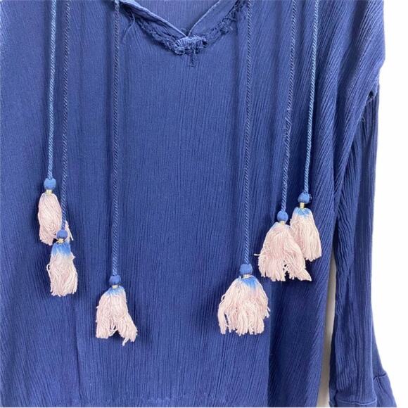 Zaful Navy Blue Distressed Semi-Sheer Boho Top Tunic Shirt Tassels Size Large - Picture 4 of 11